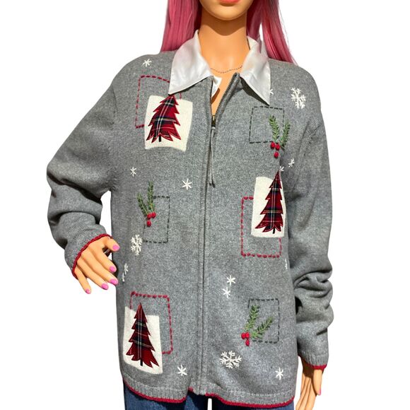 Vintage Southern Lady Christmas Knit Cardigan Sweater Gray Zip Front Large - Picture 6 of 11